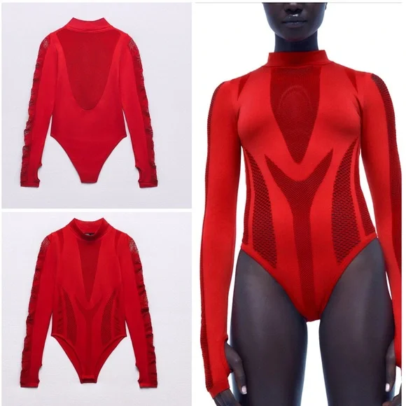 Zara | Tops | Zara Mesh Inserts Vibrant Red Cut Out Seamless